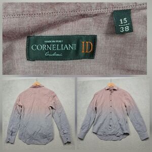 Corneliani ID Made in Italy Shirt Men's 15/38 Pink Gray Ombre Gradient Linen